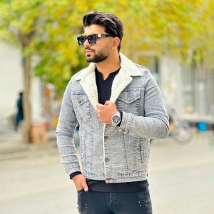 کت جین خزدار مردانه طوسی کد 12001